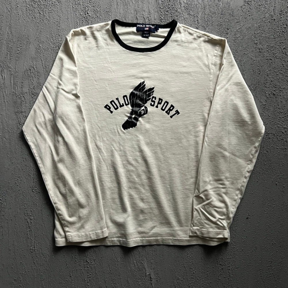 Vintage Polo Sport Long Sleeve Shirt Large White 1990s P Wing‎ Ringer Graphic